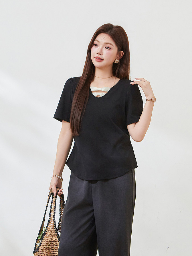 V-neck contrast bow tie waist T-shirt FXZ7360