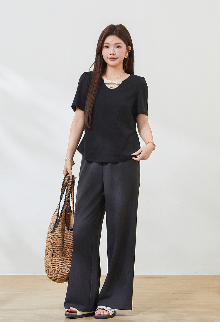 V-neck contrast bow tie waist T-shirt FXZ7360
