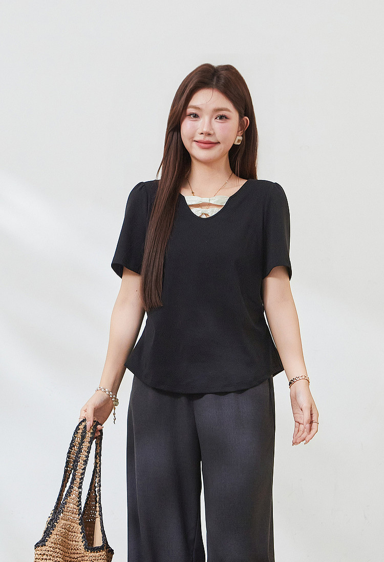 V-neck contrast bow tie waist T-shirt FXZ7360