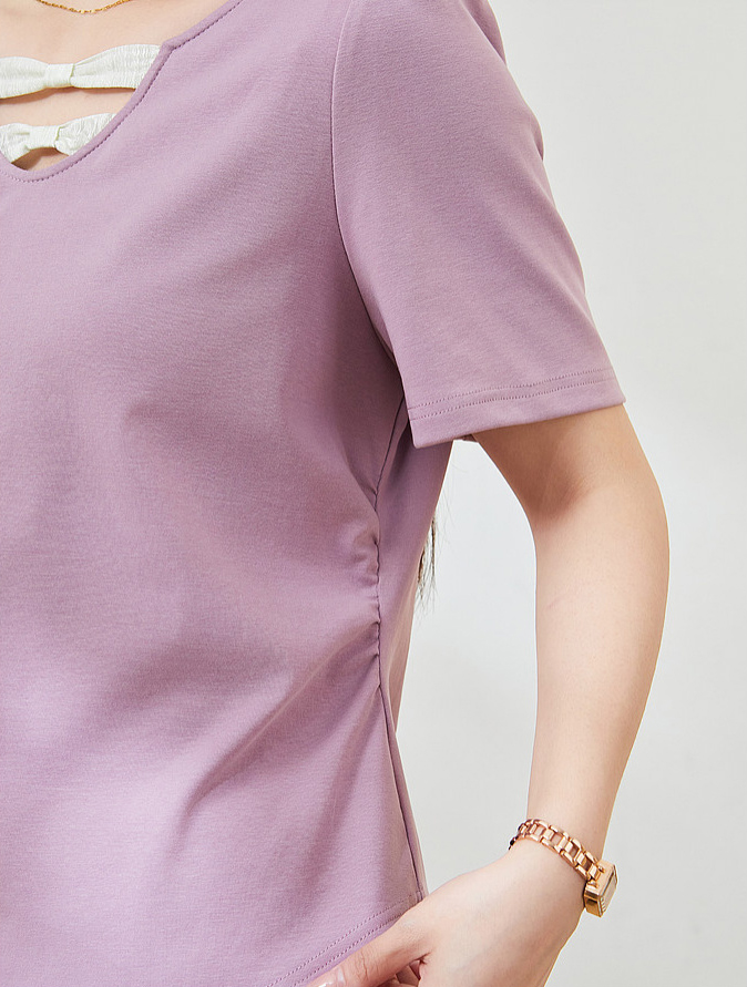 V-neck contrast bow tie waist T-shirt FXZ7360