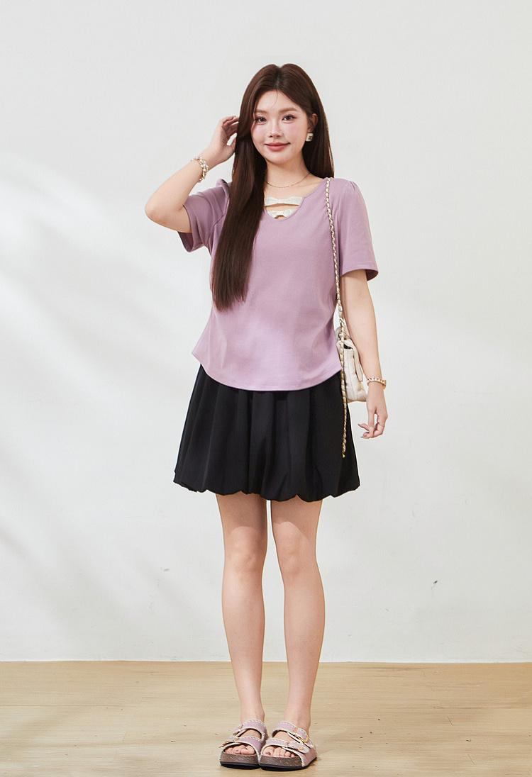 V-neck contrast bow tie waist T-shirt FXZ7360