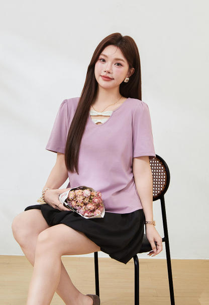 V-neck contrast bow tie waist T-shirt FXZ7360