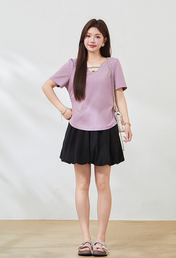 V-neck contrast bow tie waist T-shirt FXZ7360