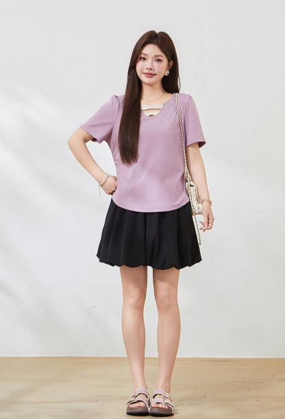 V-neck contrast bow tie waist T-shirt FXZ7360