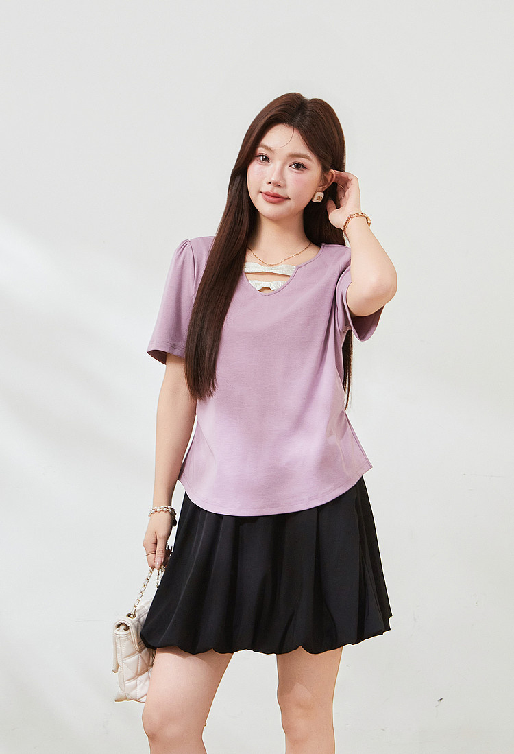 V-neck contrast bow tie waist T-shirt FXZ7360