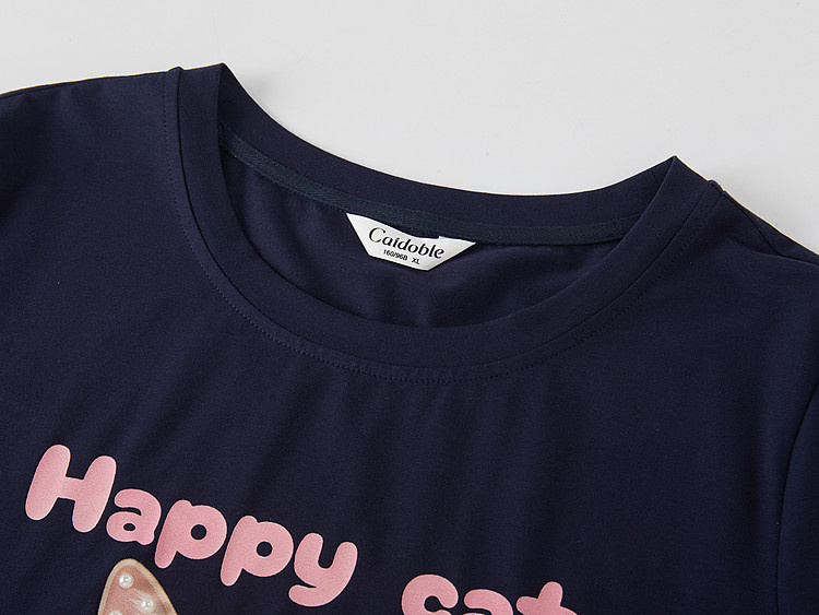 Round-neck cat print beaded T-shirt FXZ7381