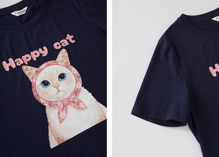 Round-neck cat print beaded T-shirt FXZ7381