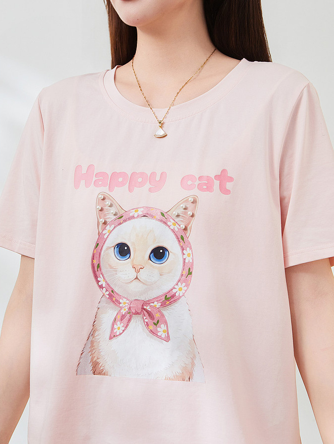 Round-neck cat print beaded T-shirt FXZ7381