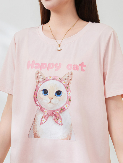 Round-neck cat print beaded T-shirt FXZ7381
