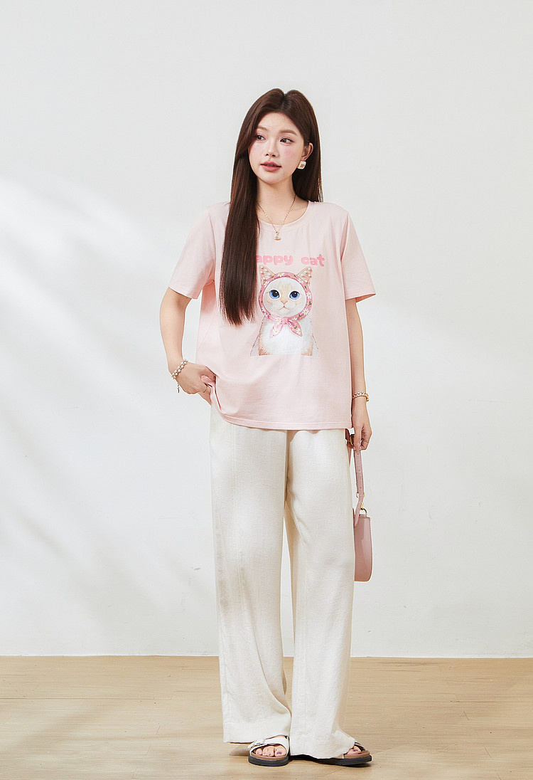 Round-neck cat print beaded T-shirt FXZ7381