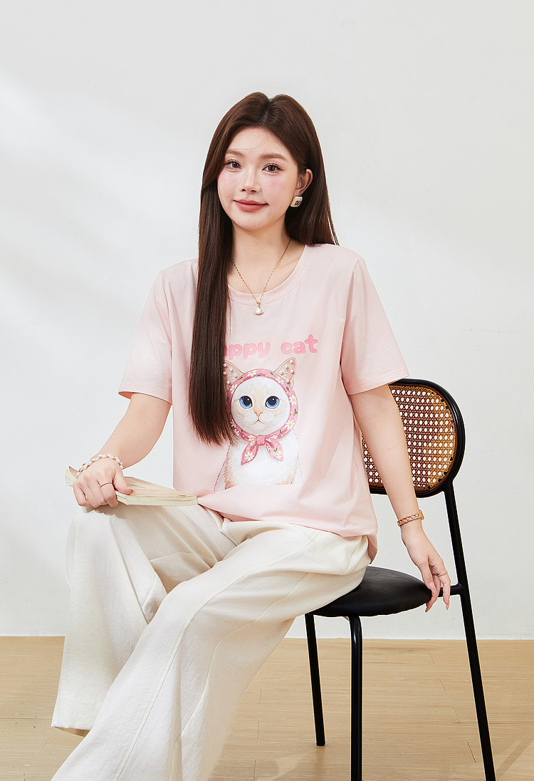 Round-neck cat print beaded T-shirt FXZ7381