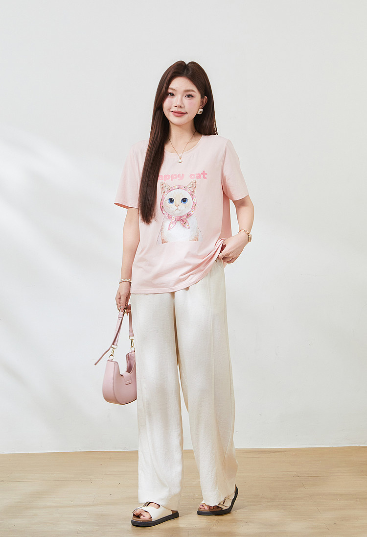 Round-neck cat print beaded T-shirt FXZ7381
