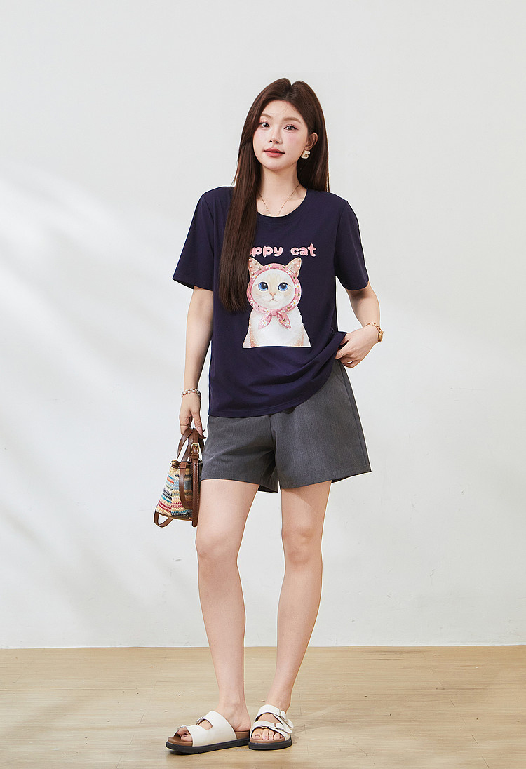 Round-neck cat print beaded T-shirt FXZ7381