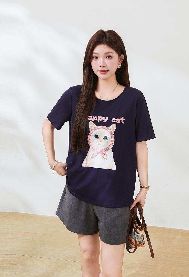 Round-neck cat print beaded T-shirt FXZ7381