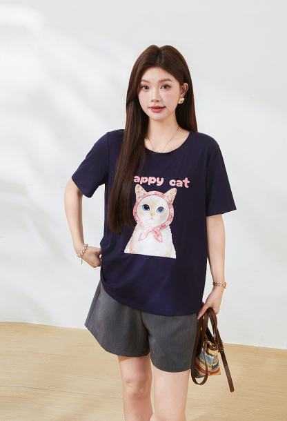 Round-neck cat print beaded T-shirt FXZ7381