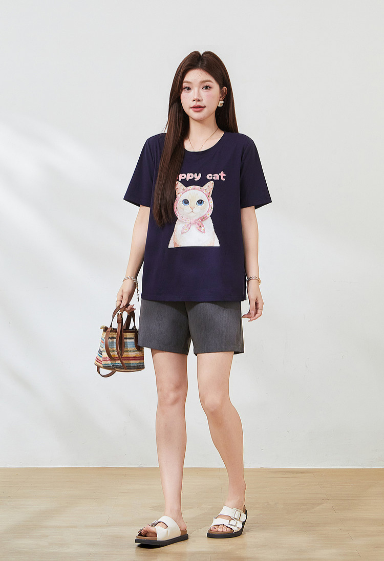 Round-neck cat print beaded T-shirt FXZ7381