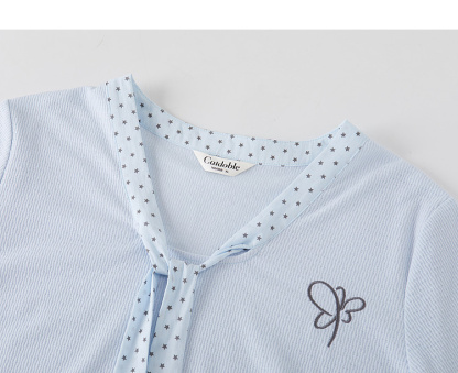 Polka Dot Bowknot V-Neck Knitted T-Shirt FXZ7385