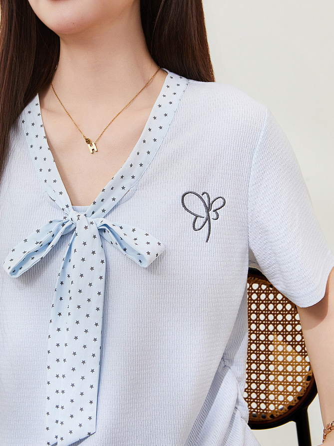 Polka Dot Bowknot V-Neck Knitted T-Shirt FXZ7385
