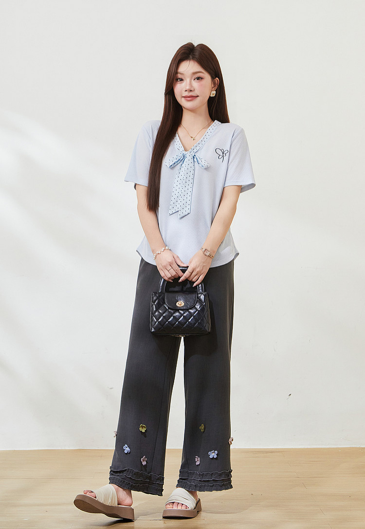 Polka Dot Bowknot V-Neck Knitted T-Shirt FXZ7385