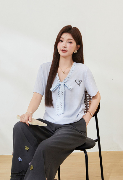 Polka Dot Bowknot V-Neck Knitted T-Shirt FXZ7385