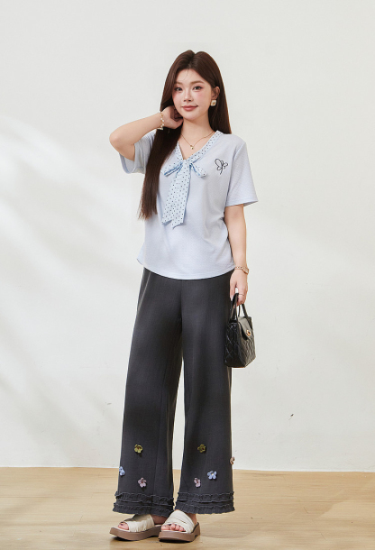 Polka Dot Bowknot V-Neck Knitted T-Shirt FXZ7385