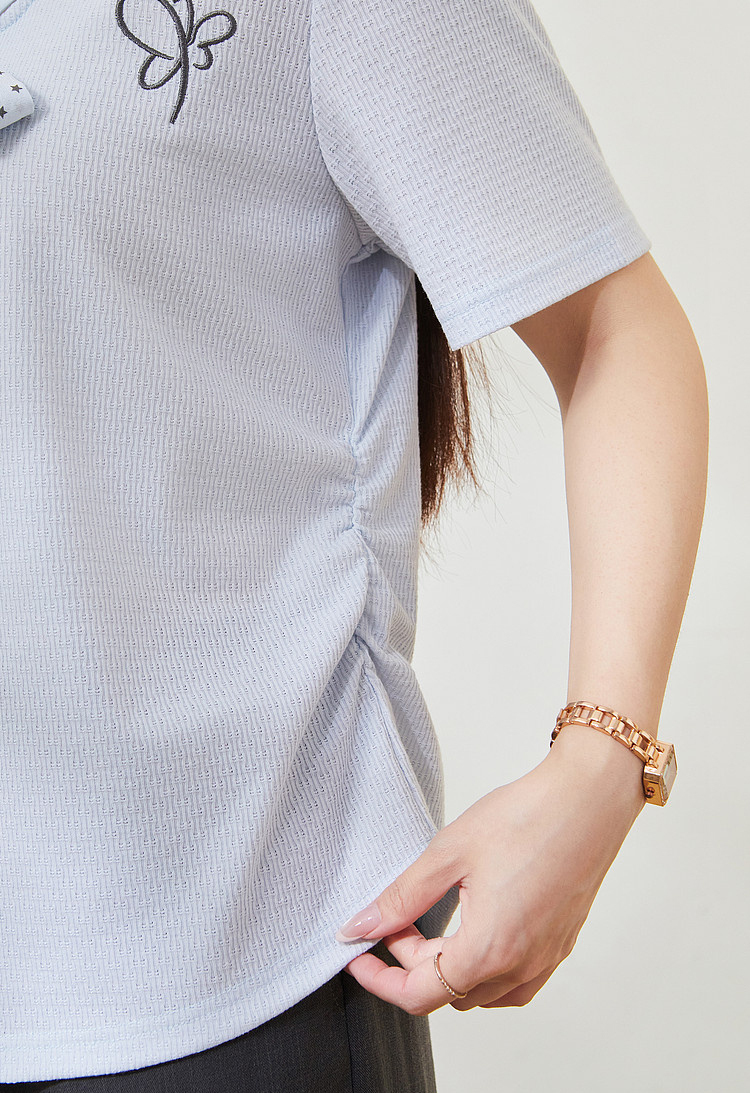 Polka Dot Bowknot V-Neck Knitted T-Shirt FXZ7385