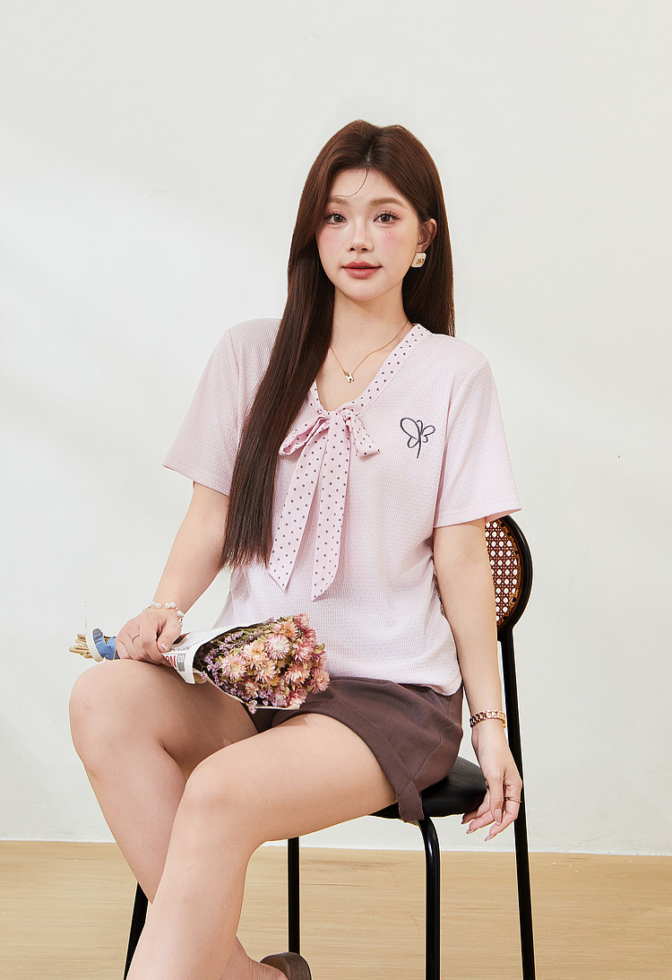 Polka Dot Bowknot V-Neck Knitted T-Shirt FXZ7385
