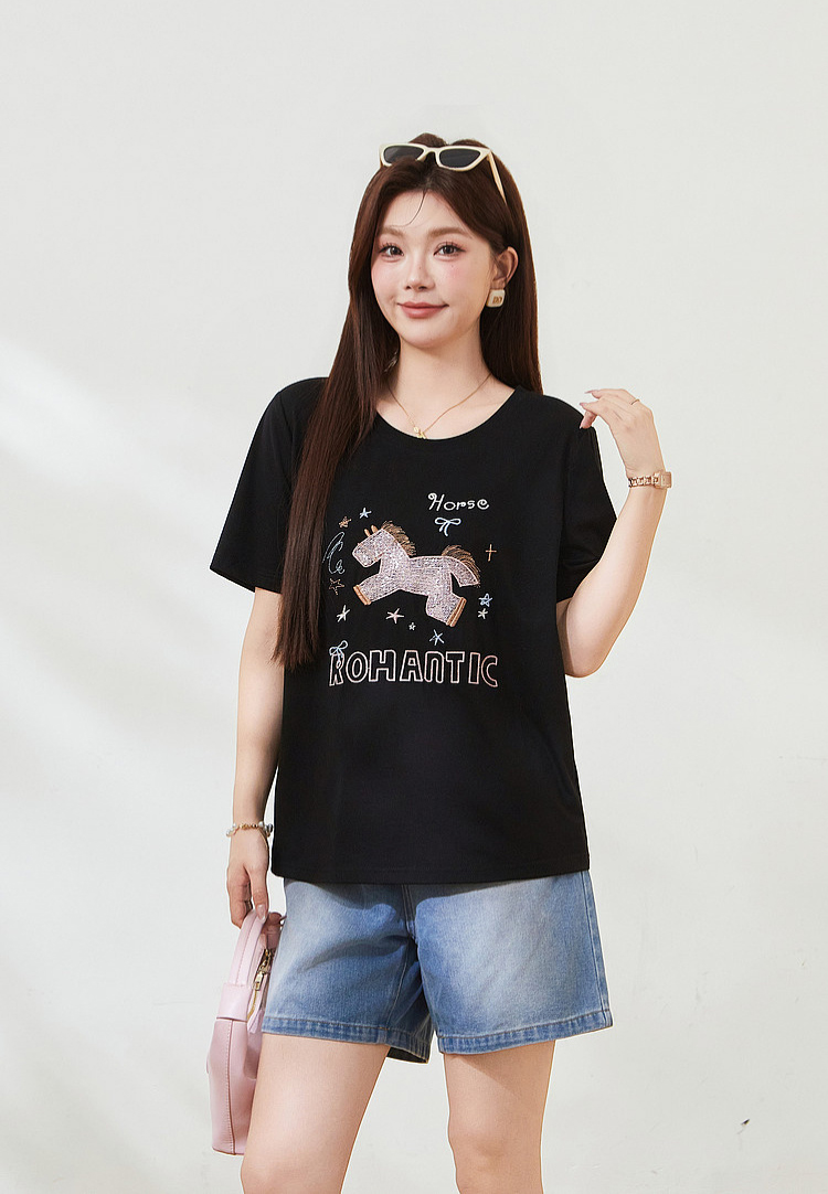 Horse Embroidery Short-sleeved T-shirt FXZ7503