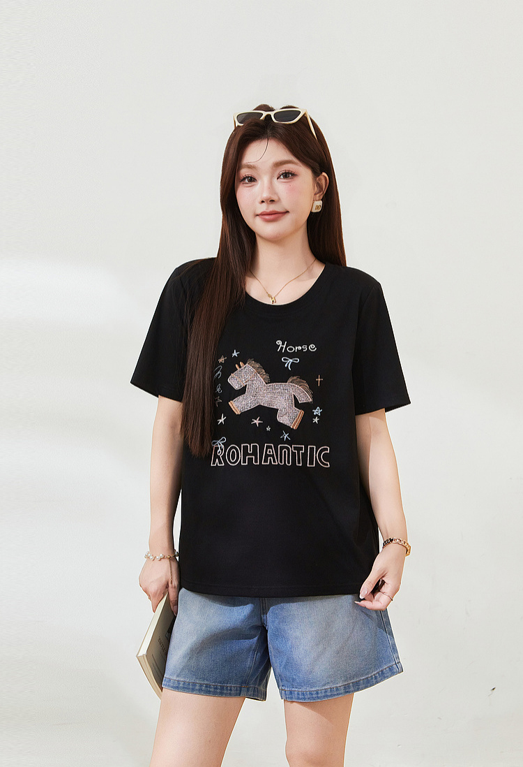 Horse Embroidery Short-sleeved T-shirt FXZ7503