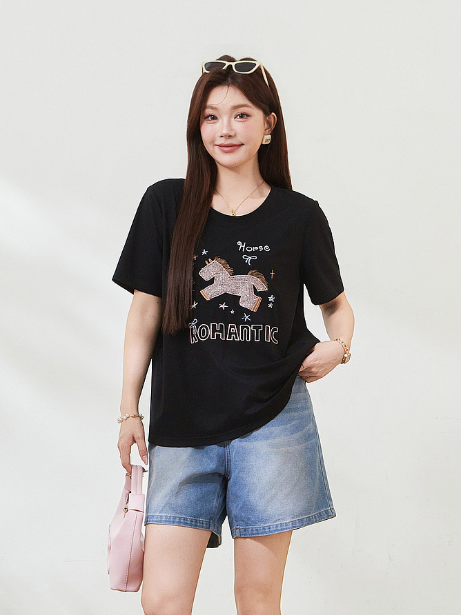 Horse Embroidery Short-sleeved T-shirt FXZ7503