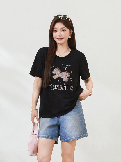 Horse Embroidery Short-sleeved T-shirt FXZ7503