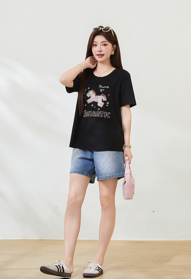 Horse Embroidery Short-sleeved T-shirt FXZ7503