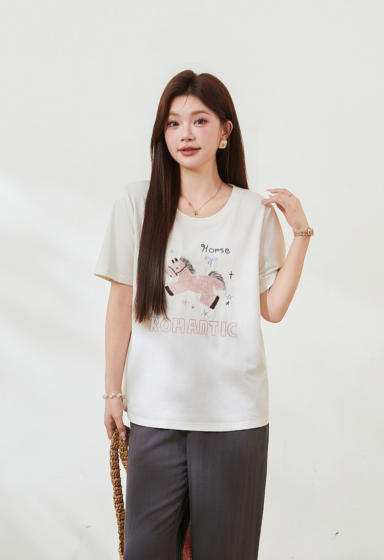 Horse Embroidery Short-sleeved T-shirt FXZ7503