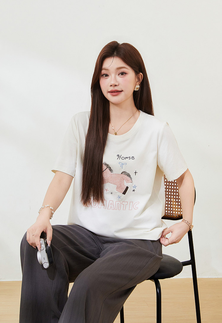 Horse Embroidery Short-sleeved T-shirt FXZ7503