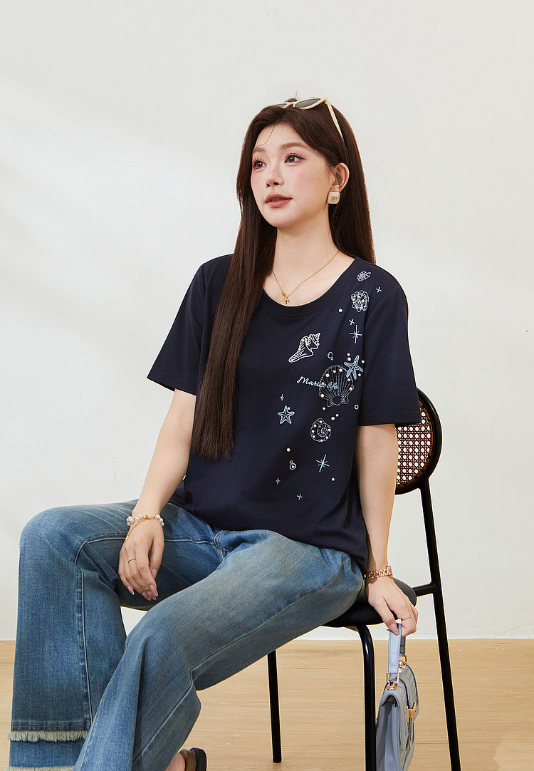 Spiky Pearl Embroidery T-shirt FXZ7522