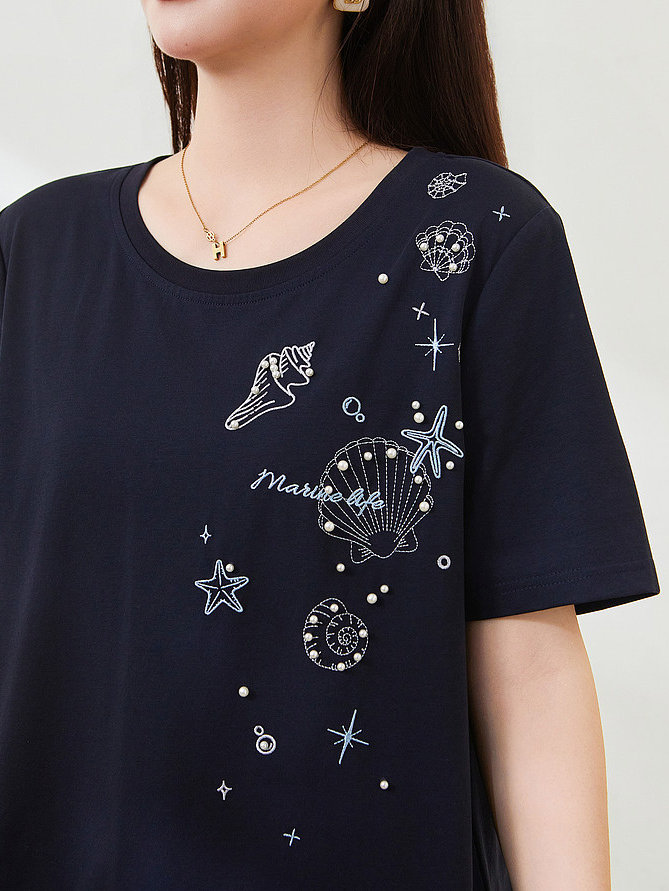 Spiky Pearl Embroidery T-shirt FXZ7522