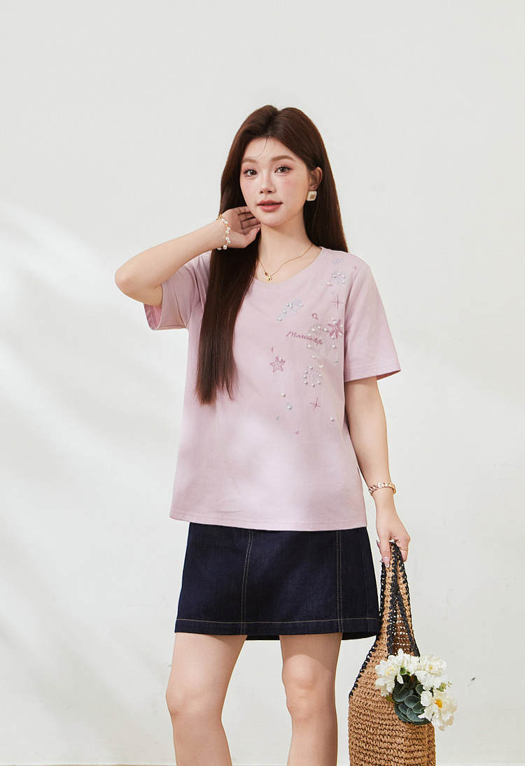 Spiky Pearl Embroidery T-shirt FXZ7522