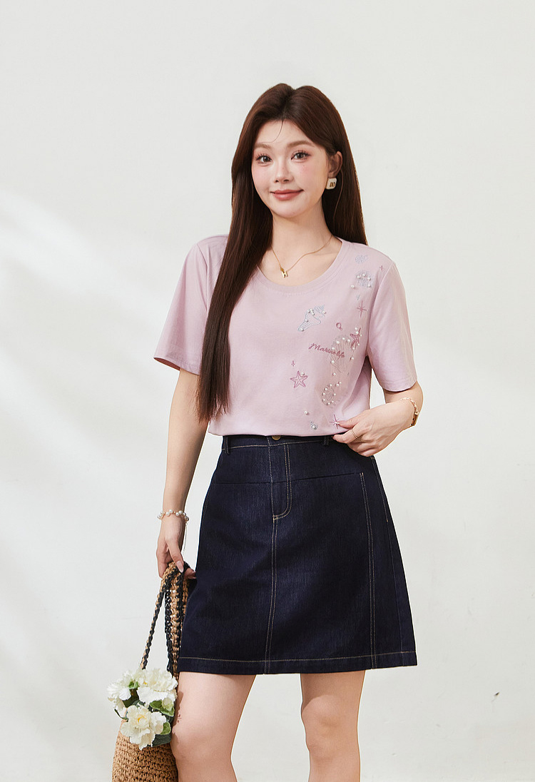 Spiky Pearl Embroidery T-shirt FXZ7522