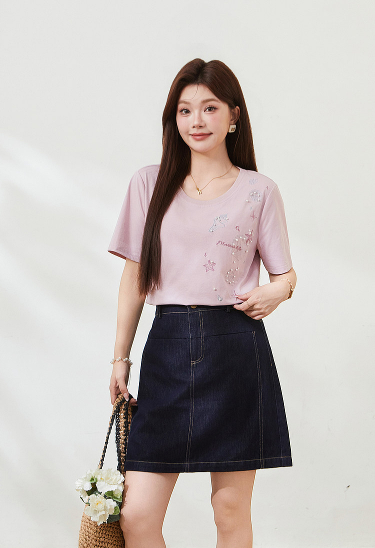 Spiky Pearl Embroidery T-shirt FXZ7522