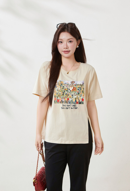 Irregular short-sleeved shirt with slit print, FXZ8070