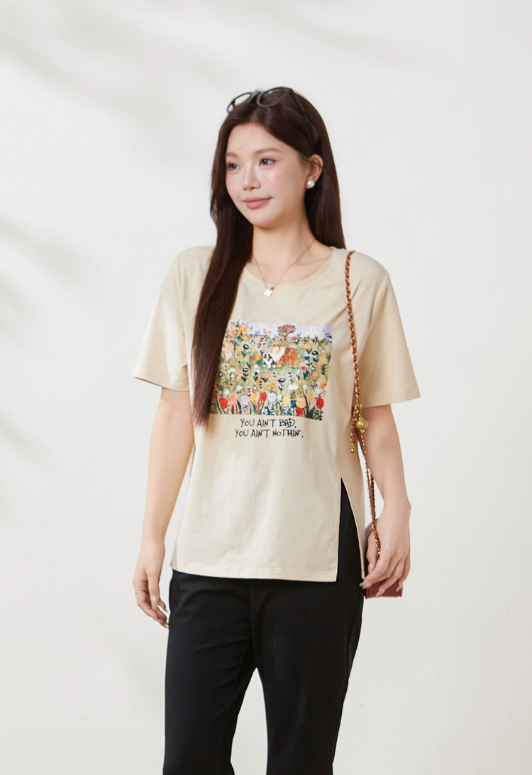 Irregular short-sleeved shirt with slit print, FXZ8070