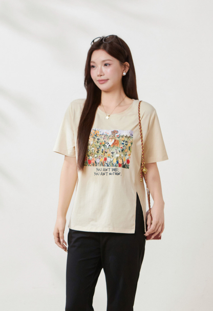 Irregular short-sleeved shirt with slit print, FXZ8070
