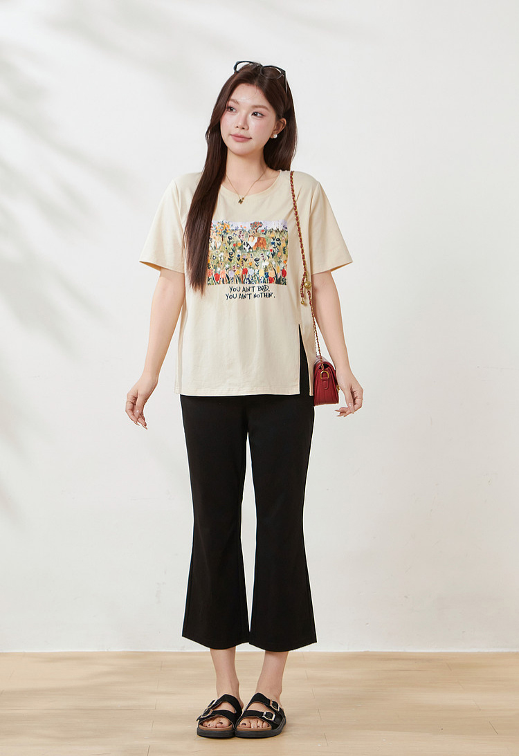 Irregular short-sleeved shirt with slit print, FXZ8070
