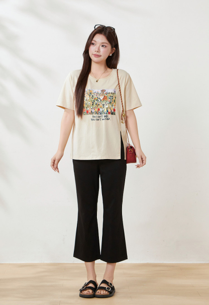 Irregular short-sleeved shirt with slit print, FXZ8070