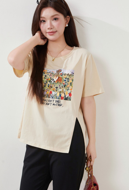 Irregular short-sleeved shirt with slit print, FXZ8070