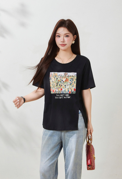 Irregular short-sleeved shirt with slit print, FXZ8070