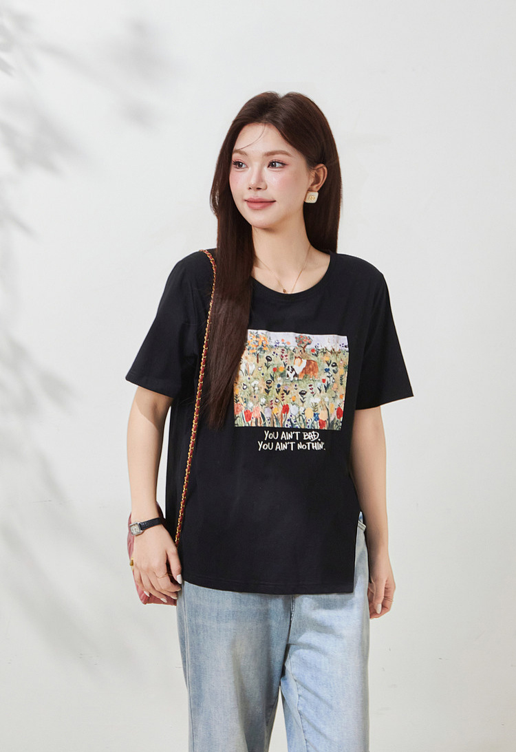 Irregular short-sleeved shirt with slit print, FXZ8070