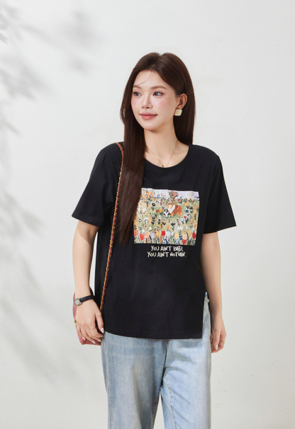 Irregular short-sleeved shirt with slit print, FXZ8070