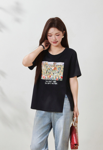 Irregular short-sleeved shirt with slit print, FXZ8070