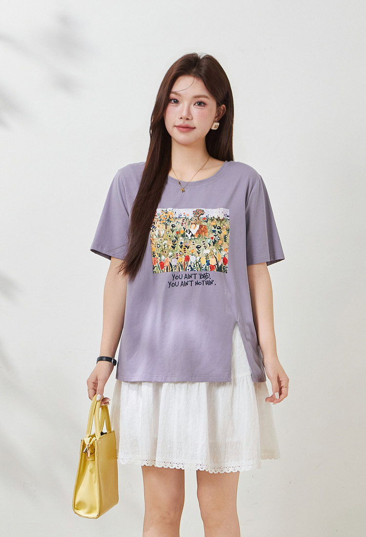 Irregular short-sleeved shirt with slit print, FXZ8070